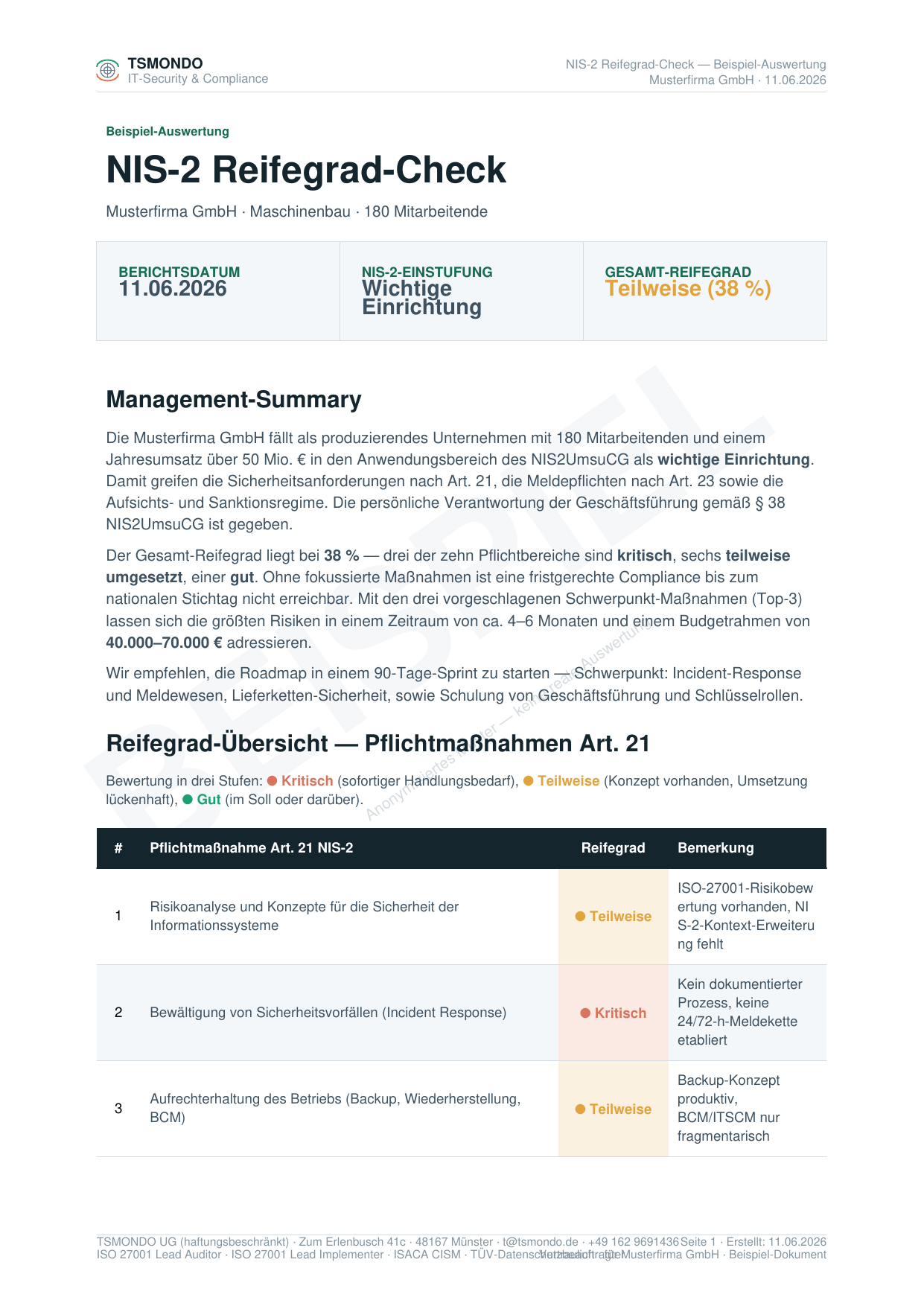 Beispielbericht NIS-2 Reifegrad-Check — Seite 1 mit Management-Summary und BEISPIEL-Wasserzeichen
