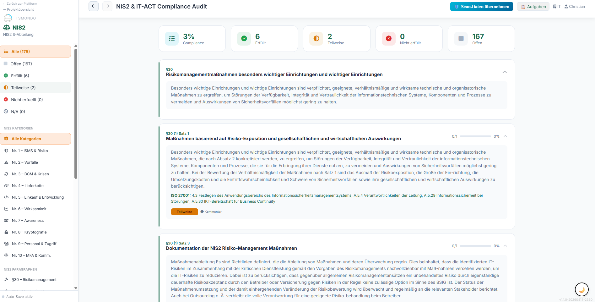 Screenshot des NIS-2-Audit-Bildschirms — Übersicht aller Pflichtmaßnahmen nach Art. 21 mit Reifegrad-Markierung