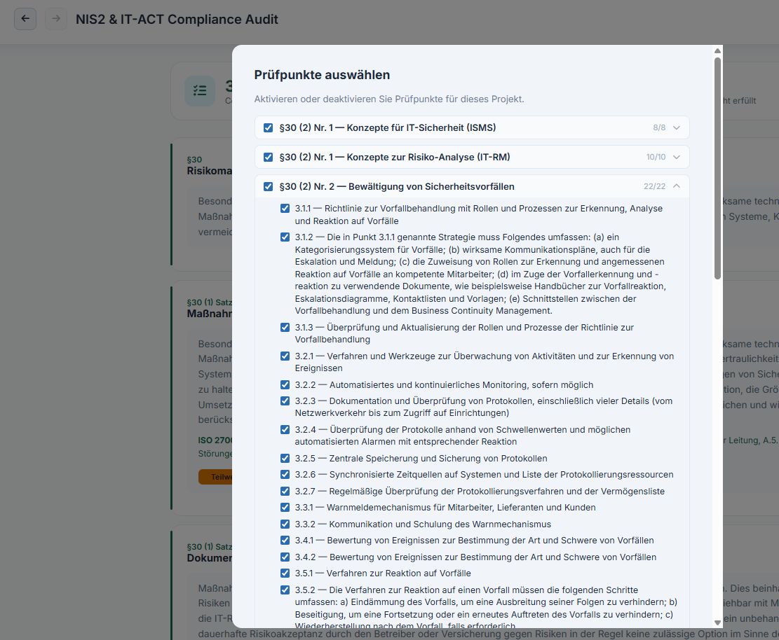 Screenshot der NIS-2-Compliance-Modellierung — Mapping einzelner Maßnahmen auf ISO 27001:2022 Annex A Controls