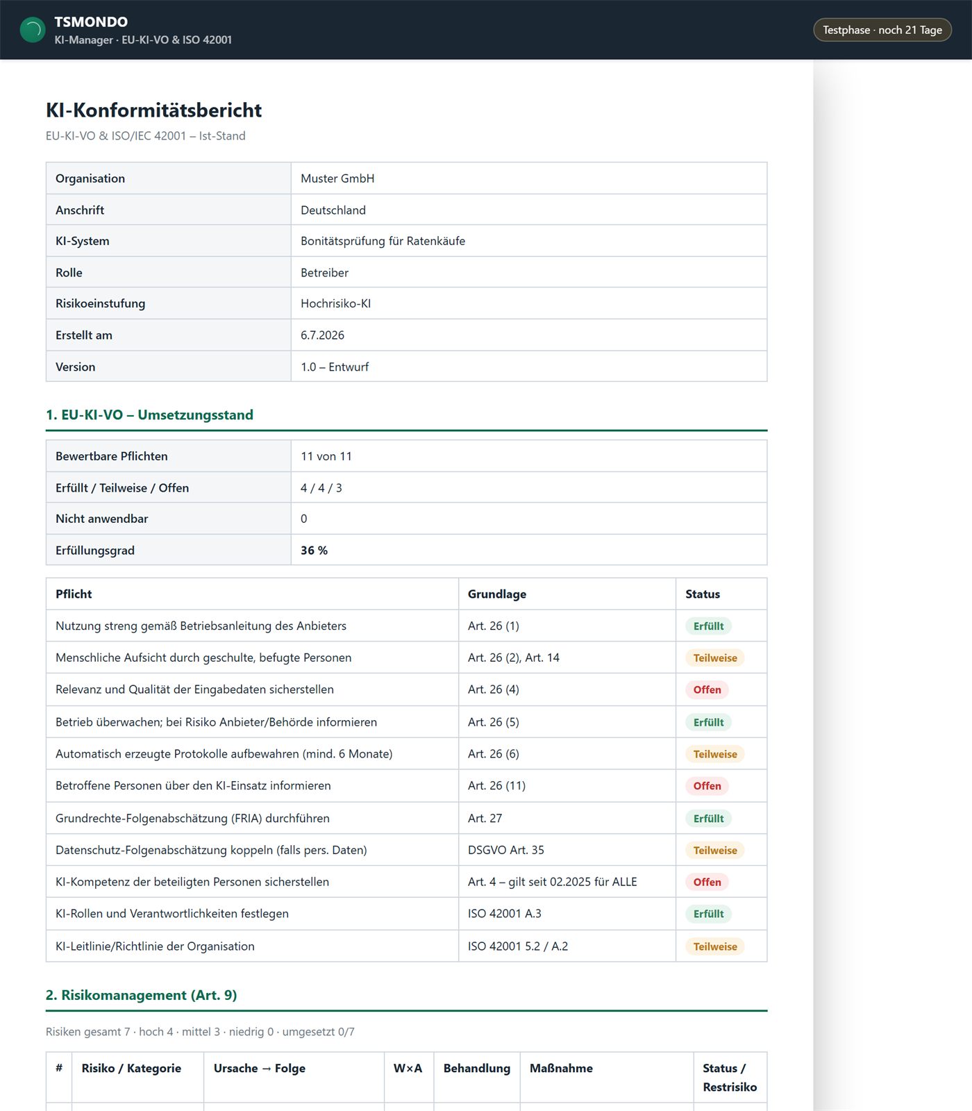 Konformitätsberichte und GF-Bericht im TSMONDO KI-Manager