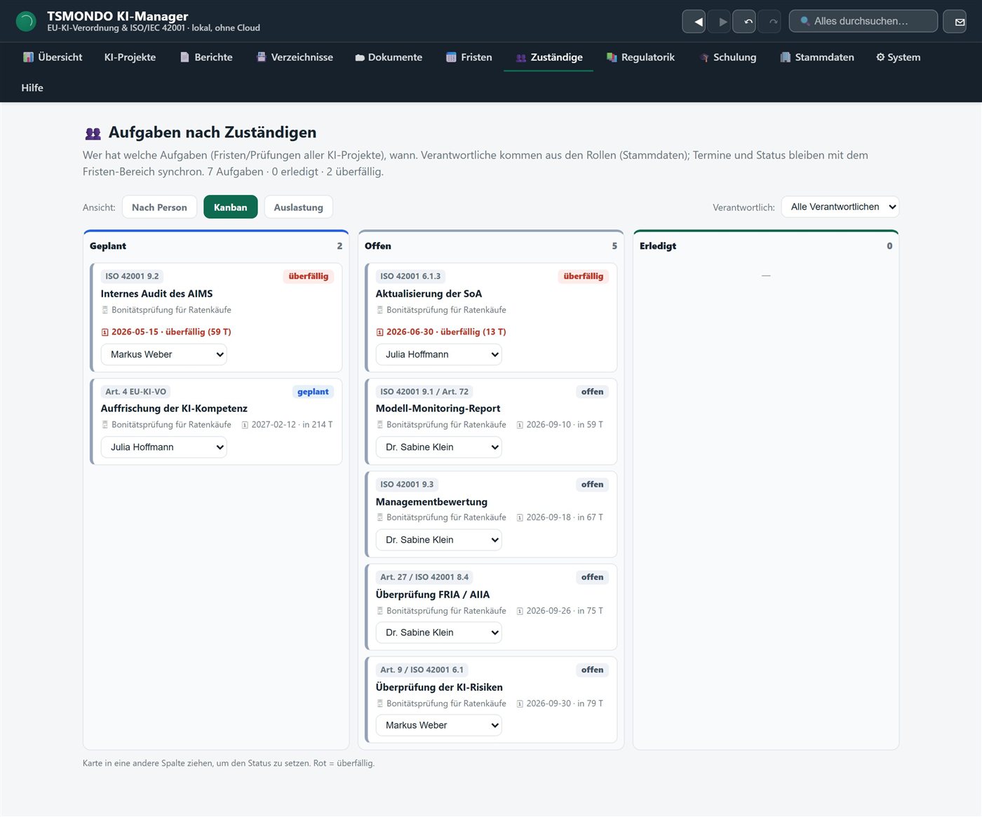 Board-Ansicht Kanban: Aufgaben per Drag-and-Drop in Geplant, Offen und Erledigt