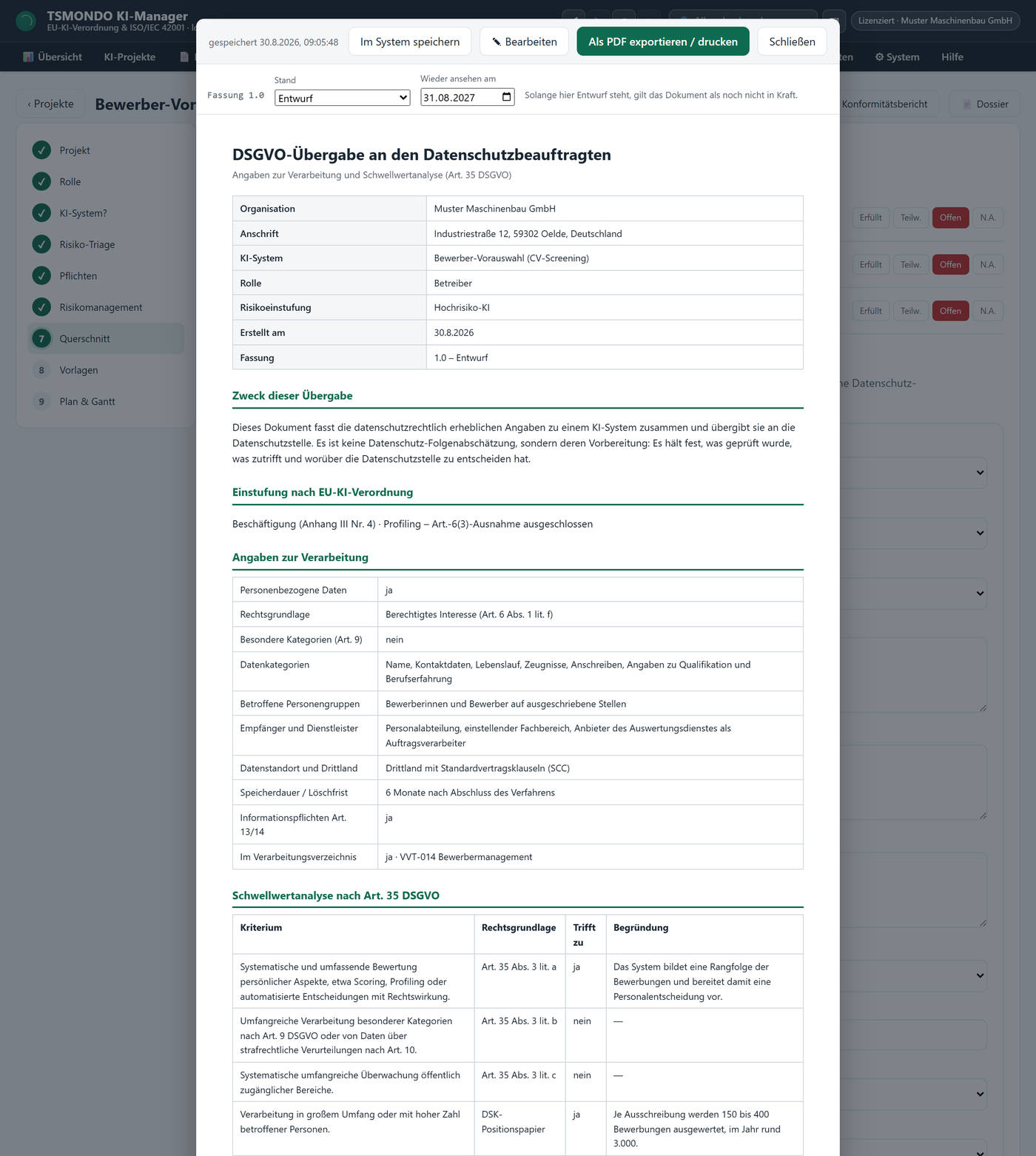 Das Übergabedokument an den Datenschutzbeauftragten: Fassung, Stand und Wiedervorlage, Kopfdaten, Zweck der Übergabe, Einstufung nach der EU-KI-Verordnung, Angaben zur Verarbeitung und die Tabelle der Schwellwertanalyse