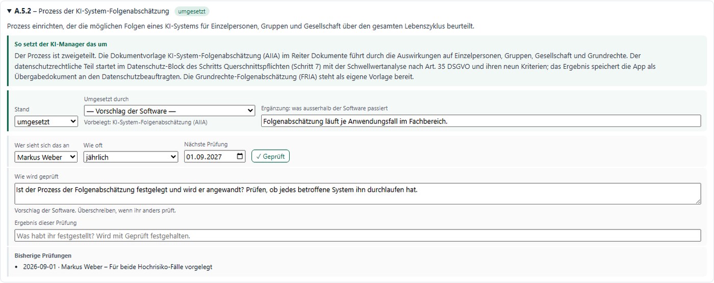 Reiter Regulatorik: ein aufgeklappter Normpunkt nach ISO/IEC 42001 mit der Notiz, wie der KI Manager ihn umsetzt, sowie den Prüfdetails — wer prüft, in welchem Rhythmus, nächster Termin