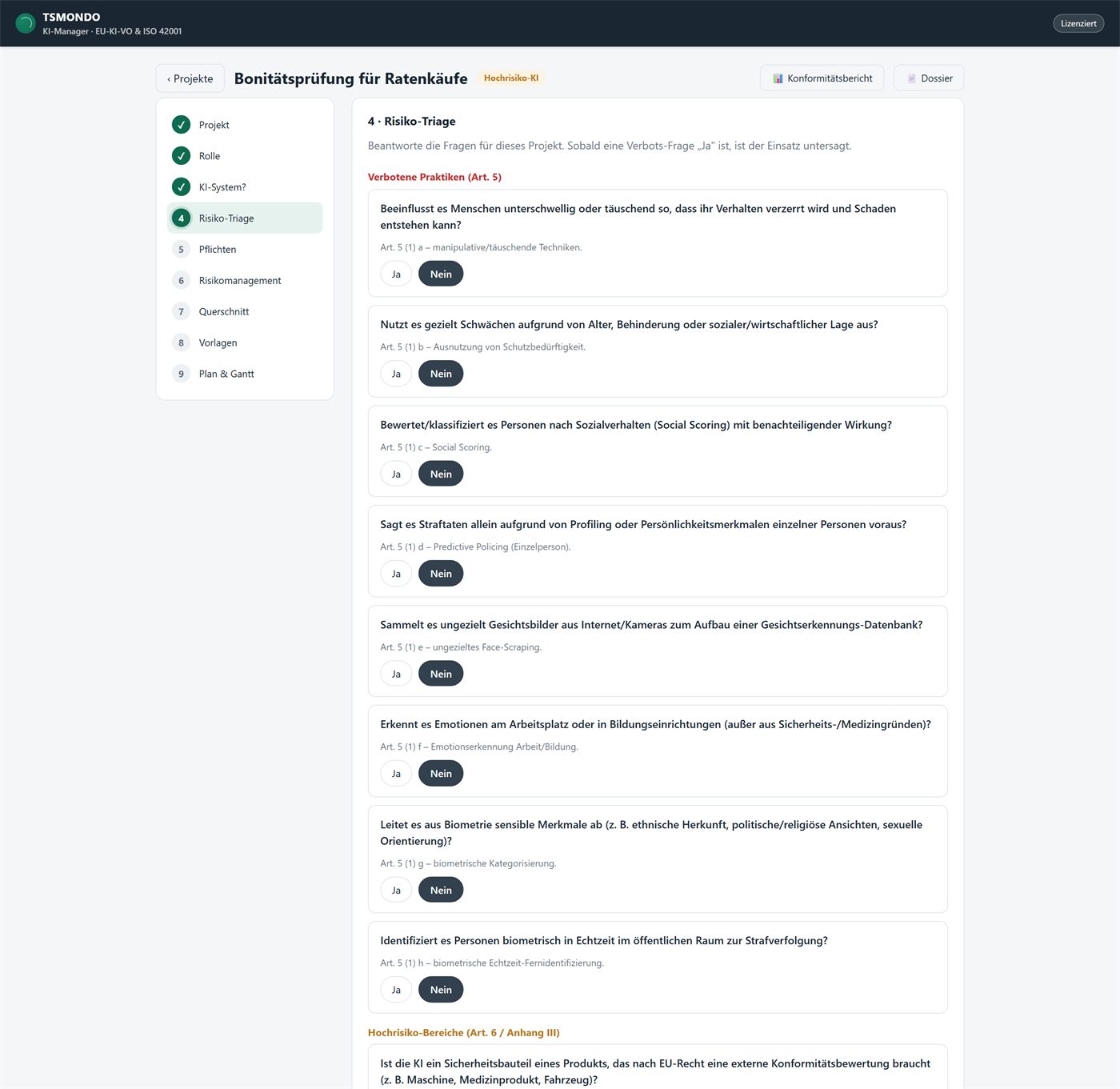 KI-Risiko-Triage nach EU-KI-VO im TSMONDO KI-Manager