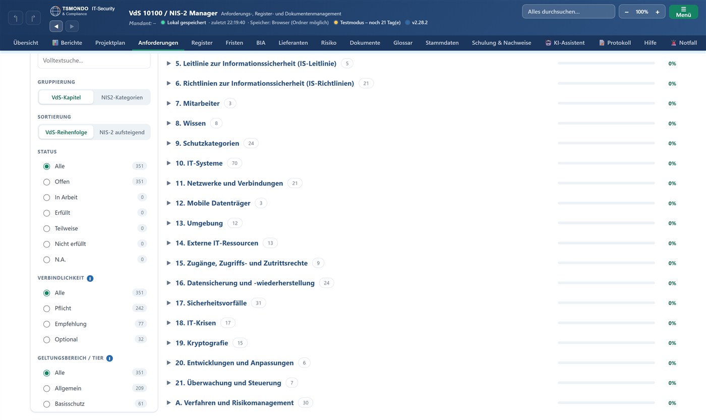 Screenshot: Anforderungen im TSMONDO NIS2 Manager