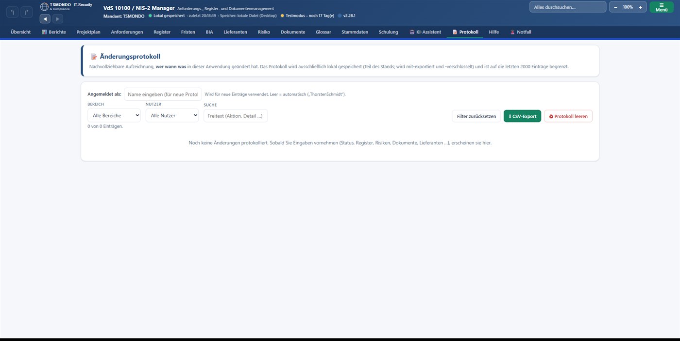 Änderungsprotokoll (Audit-Trail) im NIS2 Manager v2.28.1: wer wann was geändert hat, lokal gespeichert, mit CSV-Export