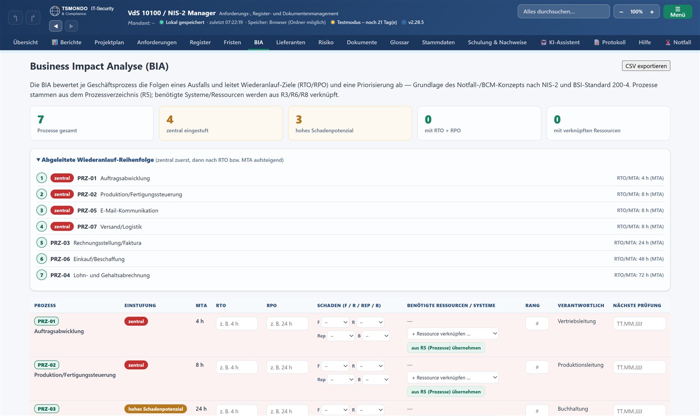 Screenshot: Business Impact Analyse im TSMONDO NIS2 Manager