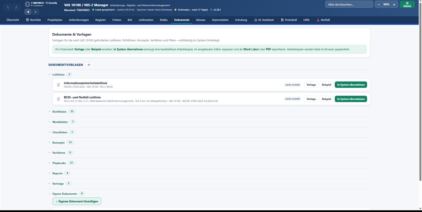 Screenshot: Dokumente & Vorlagen im TSMONDO NIS2 Manager