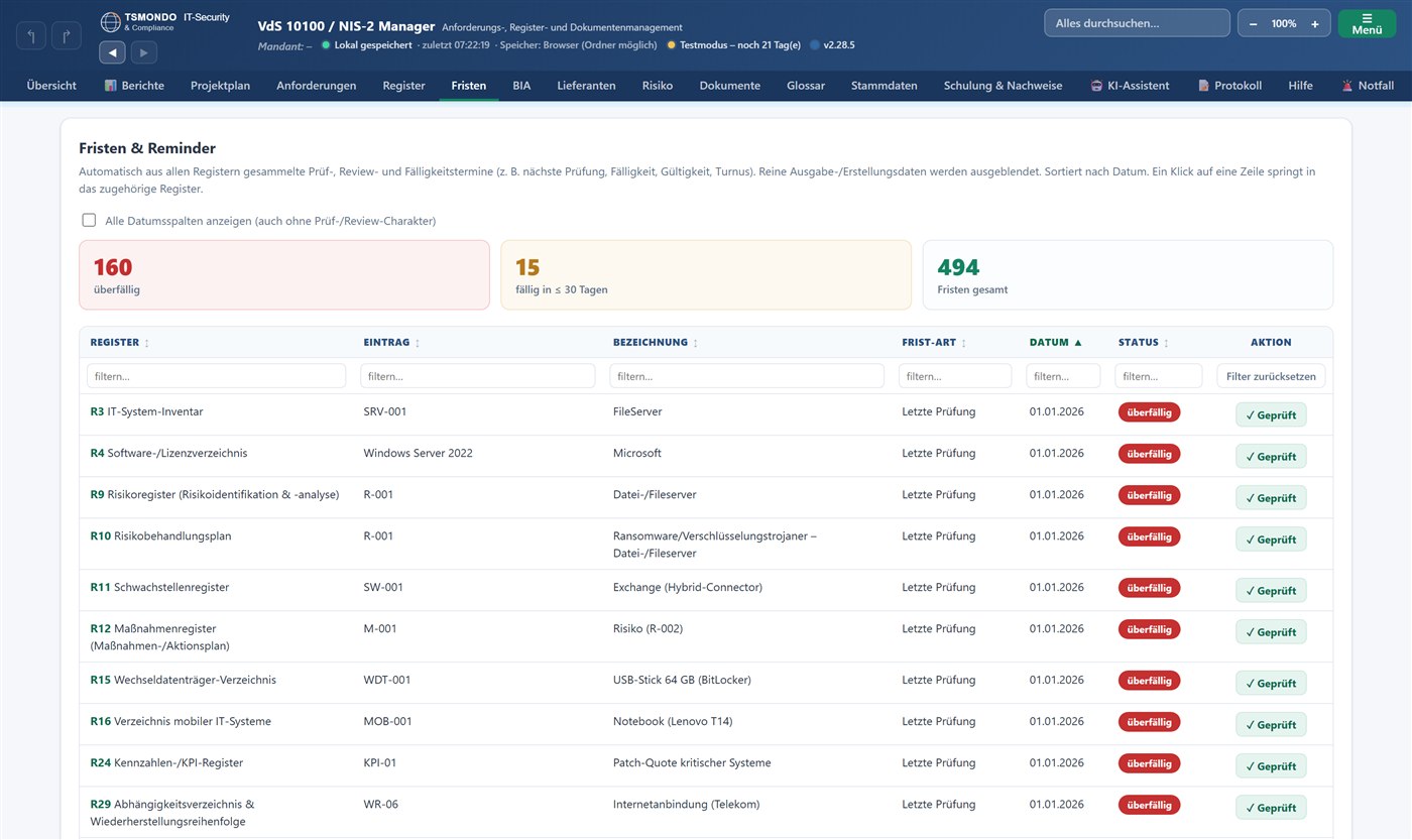Screenshot: Fristen & Reminder im TSMONDO NIS2 Manager