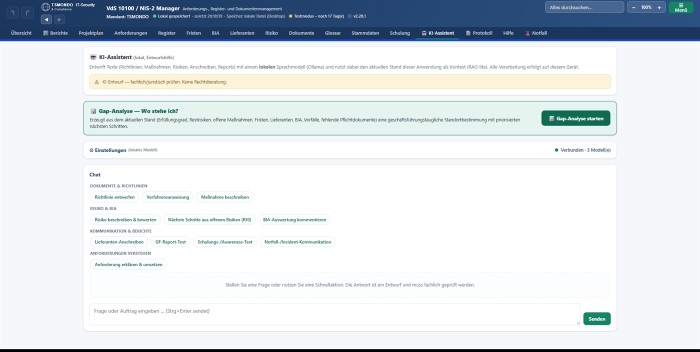 Der lokale KI-Assistent im TSMONDO NIS2 Manager (v2.28.1): KI-Chat, Gap-Analyse und Vorlagen-Generierung, komplett offline