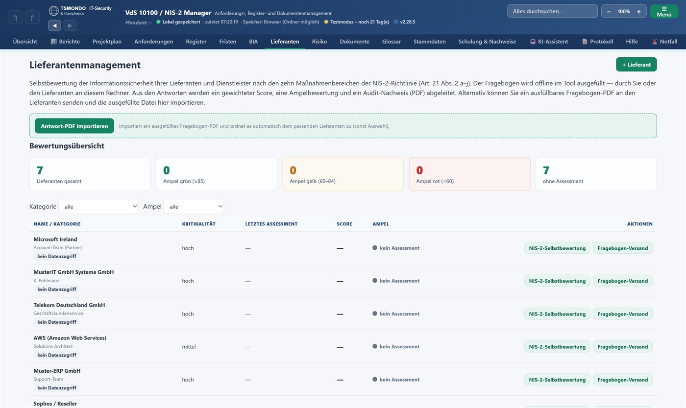 Screenshot: Lieferantenmanagement im TSMONDO NIS2 Manager