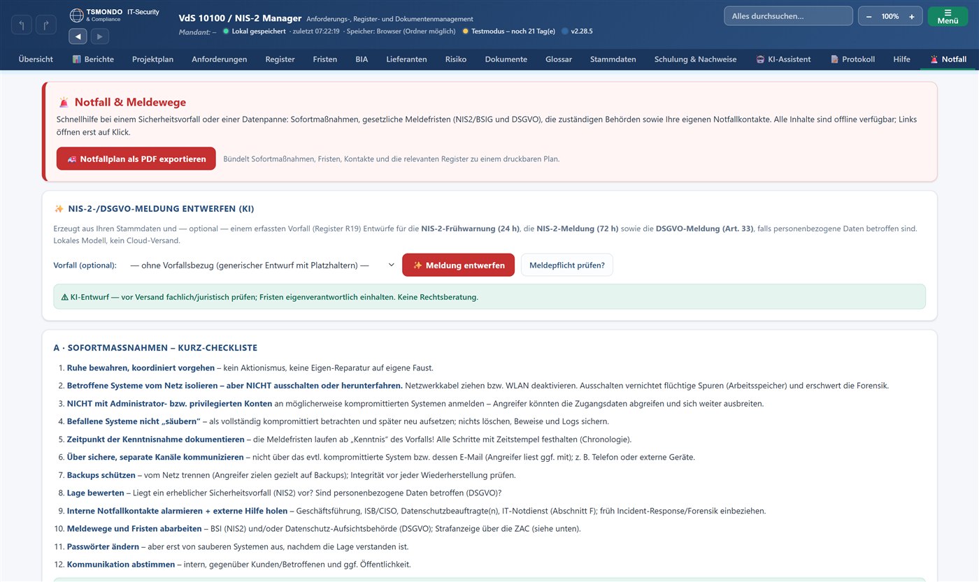 Screenshot: Notfall & Meldewege im TSMONDO NIS2 Manager