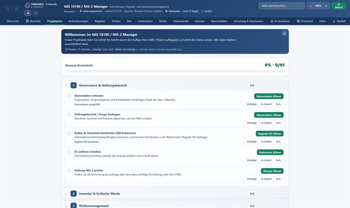 Screenshot: Projektplan im TSMONDO NIS2 Manager