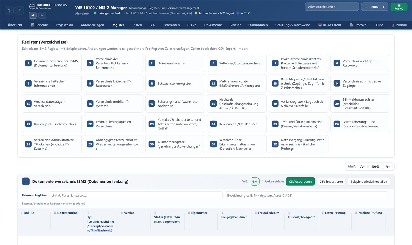 Screenshot: Register & Verzeichnisse im TSMONDO NIS2 Manager