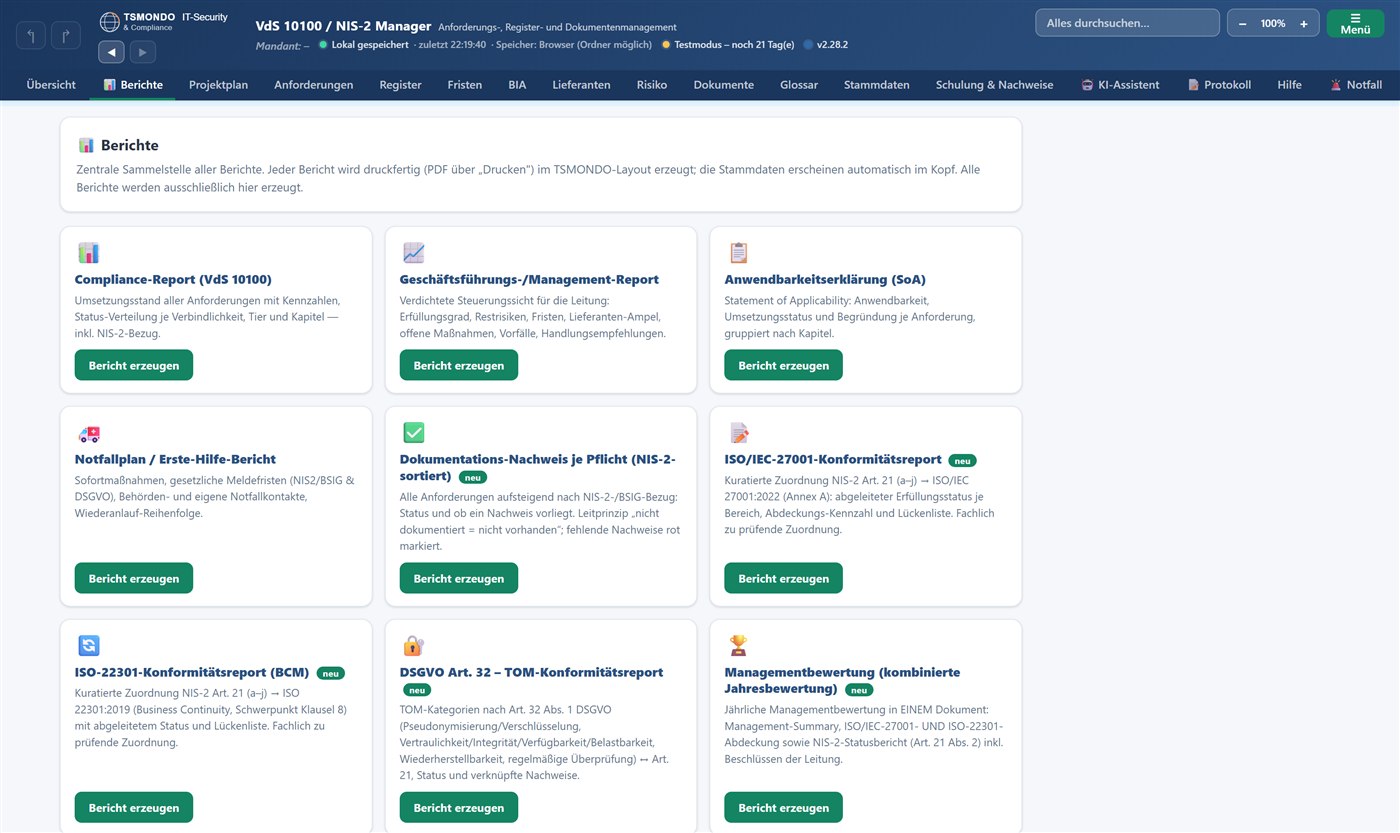 Screenshot: Reports & SoA im TSMONDO NIS2 Manager