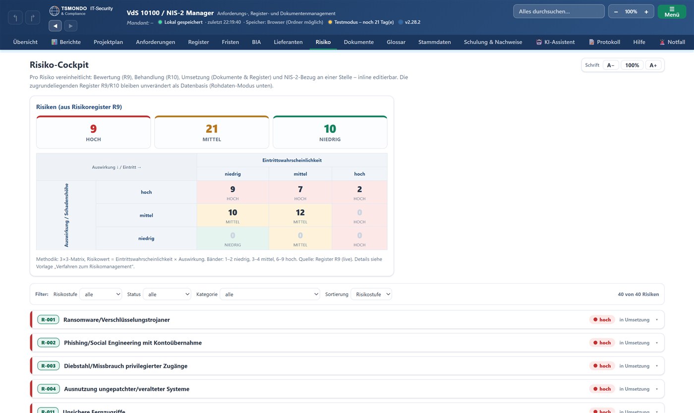 Screenshot: Risikomanagement im TSMONDO NIS2 Manager
