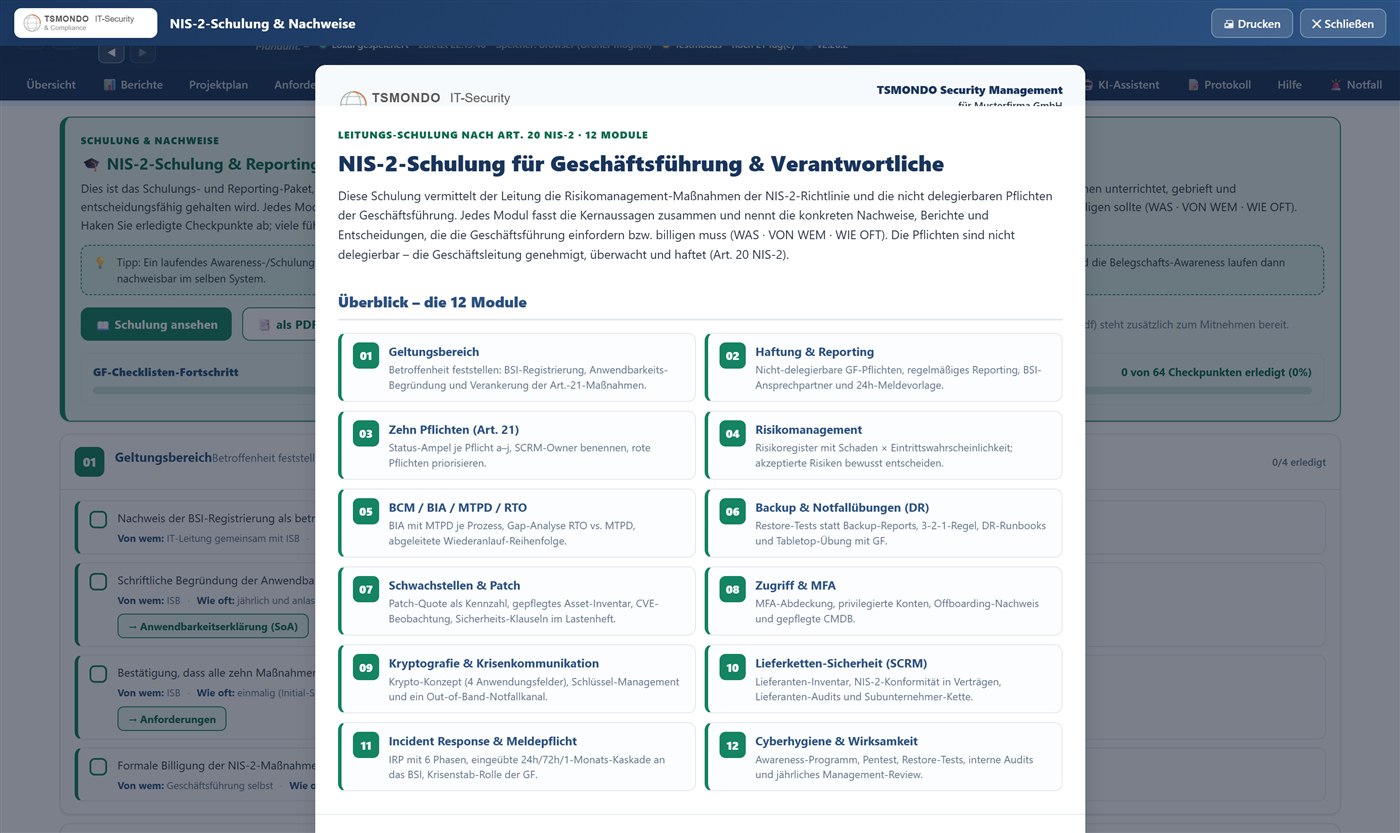 Screenshot: NIS-2-Schulungsreihe im TSMONDO NIS2 Manager