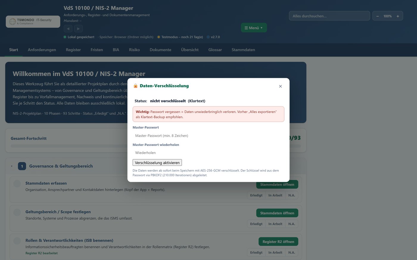 Screenshot: Verschlüsselung im TSMONDO NIS2 Manager