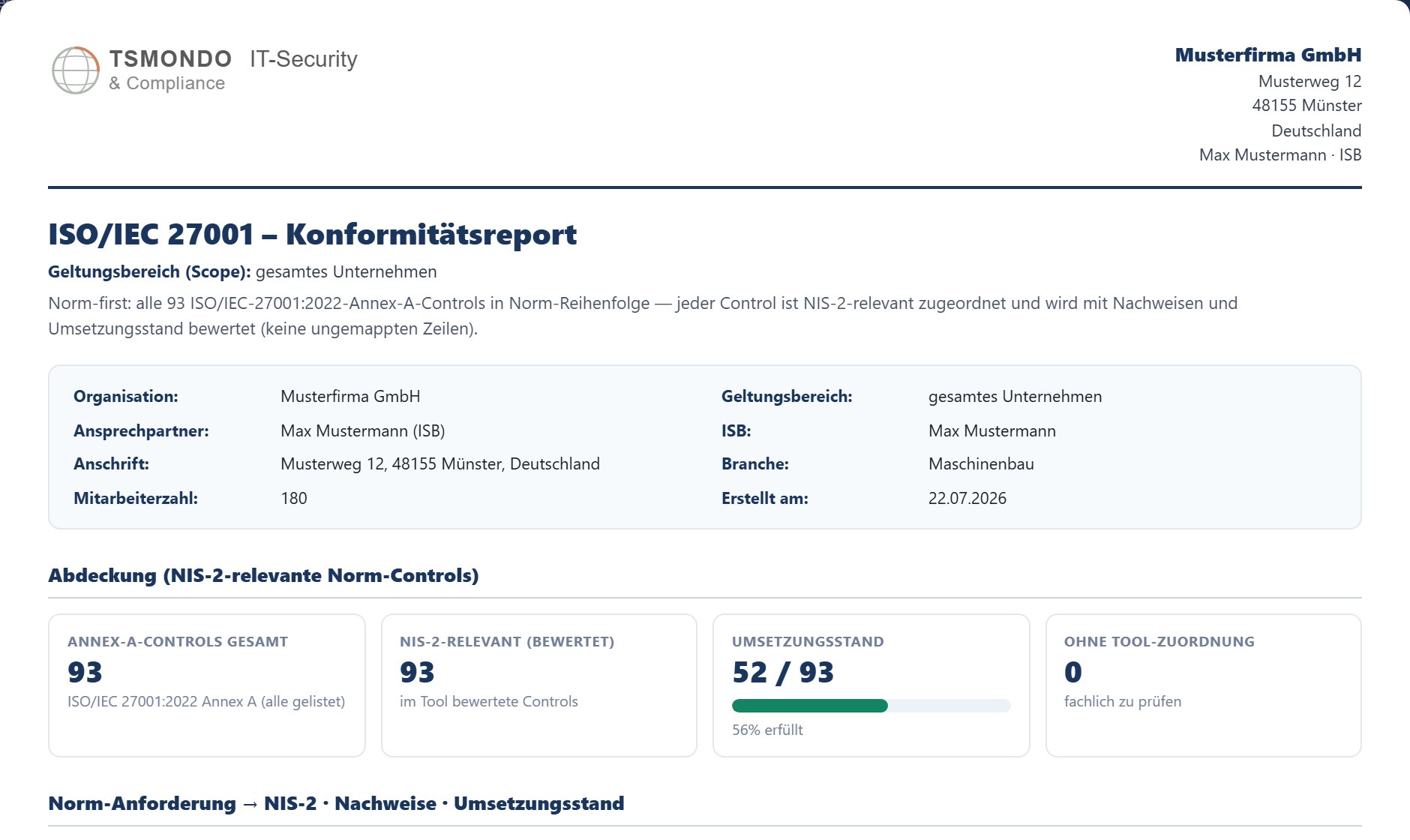 ISO-27001-Konformitätsbericht – TSMONDO NIS2 Manager