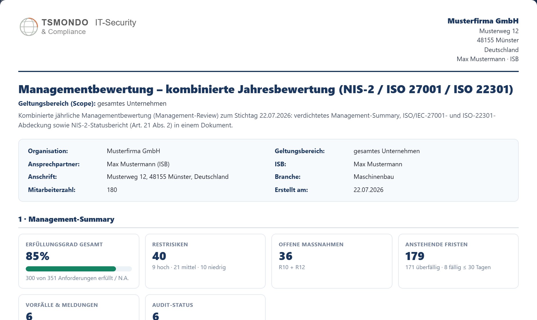 Managementbewertung – TSMONDO NIS2 Manager
